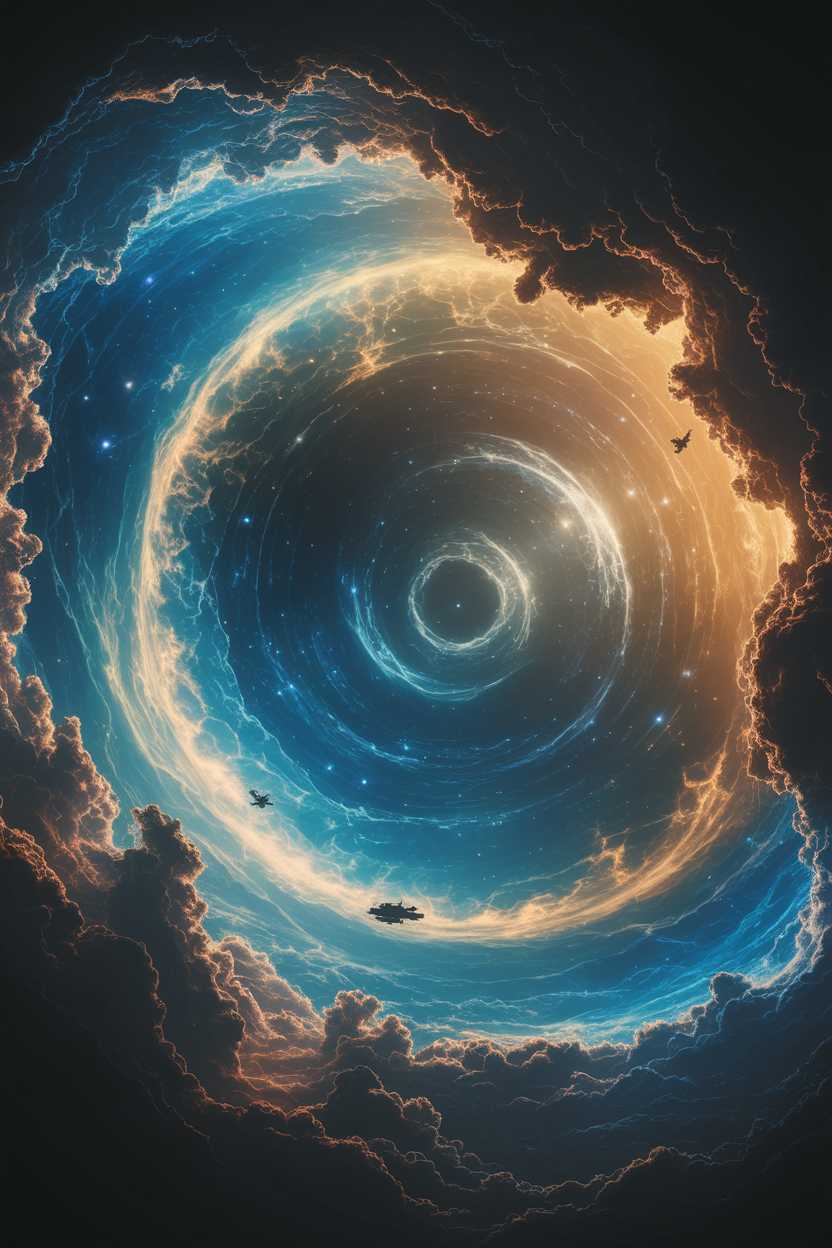 The cover has high graphic quality and an impressive color palette with vibrant blues and golds, making it visually striking. However, it lacks a cheerful, playful tone suitable for a children's book. The swirling vortex and spacecrafts lean towards a mysterious or even intimidating aesthetic rather than a warm and inviting one. Additionally, the absence of a friendly character or playful element reduces its appeal for a child. The cover does not seem well-aligned with a young audience's expectations.